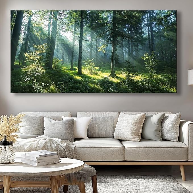 Huaaliunn Large Green Forest Wall Art for Living Room and Bedroom, Canvas Wall Art Framed Ready to Hang, Modern Landscape Nature Painting, Wall Decor for Home Office 50x100cm(20x40in)