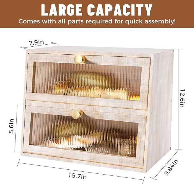 Vintage Double Layer Bread Box for Kitchen Countertop，Large White Bread Boxes Wooden Breadbox Bread Storage Container Bin Bread Holder(Vintage White)
