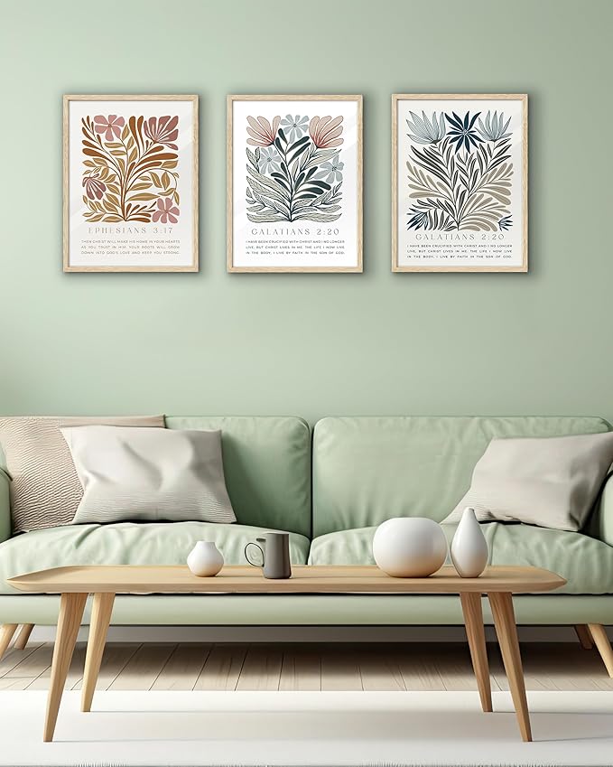 EcoHest Bible Verse Floral Framed Wall Art, 12x16 in OAK Wood Boho Abstract Flowers Canvas Wall Art, Galatians 2:20 Home Decor, Beige Logs Boho Christian Set of 1 for Bedroom Living Room