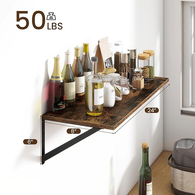 Fun Memories Deep Floating Shelves for Wall, 24W x 8D Wall Mounted Shelves Set of 2, Wide Display Ledge Shelf with Sturdy Metal Brackets for Living Room, Bathroom, Bedroom and Kitchen, Rustic Brown