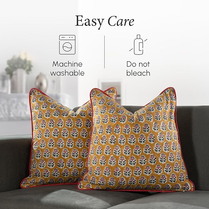 CPC 100% Cotton Throw Pillow Covers 20x20 Inch, Set of 2 Yellow Block Print Pattern Couch Pillow, Cute Boho Decorative Pillows for Living Room, Bedroom with Hidden Zipper- Yellow Citrine
