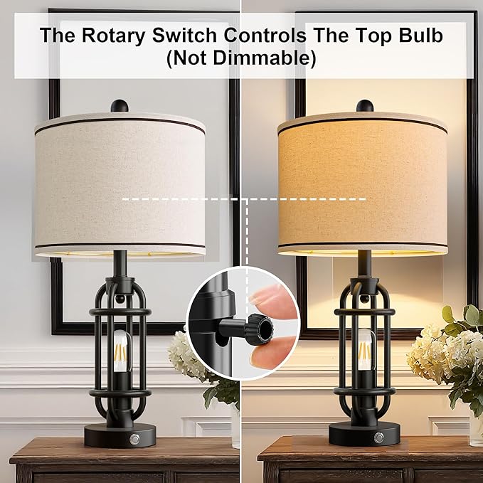 24'' Table Lamps for Living Room Bedroom Set of 2 Industrial Touch Lamp with USB A+C Ports, Night Light Farmhouse Vintage Nightstand Bedside Lamps for Night Stands Metal Black, Bulbs Included