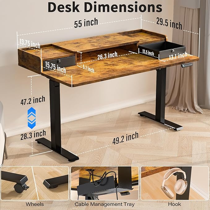 Kingant 55 x 30 Inch Standing Desk with Drawers, Adjustable Height Electric Sit Stand Desk with Storage Shelf, Rising Stand Up Computer Desk for Home Office Workstation, 3 Preset Heights