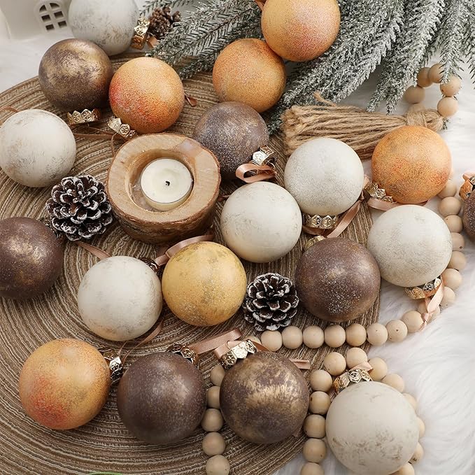 24 Pcs Neutral Textured Christmas Ball Ornaments 2.36'' Vintage Christmas Tree Decor Modern Rustic Brown Ornaments with Loop Shatterproof Hanging Ball for Xmas Farmhouse Decor (Light Brown)