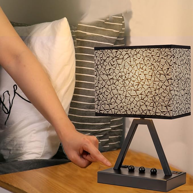 Briever Touch Control Table Lamp, 3-Way Dimmable Desk Lamp with USB C & A and AC Outlet, Bedside Lamp with Phone Stands for Bedroom, Living Room, Office, LED Bulb Included, Black Shade