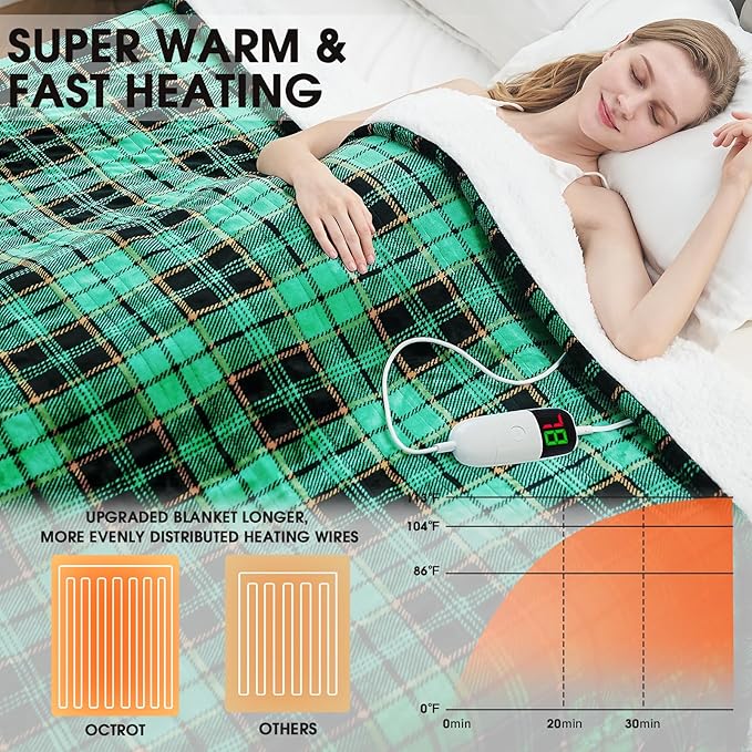 Heated Electric Blanket Queen Size, 84X90 Christmas Blanket With Dual Control&10 Heats Levels&Timer For Bed,Green Plaid Sherpa Heating Blankets Queen Warmer Gift for Grandma Women Adults, Washable,ETL