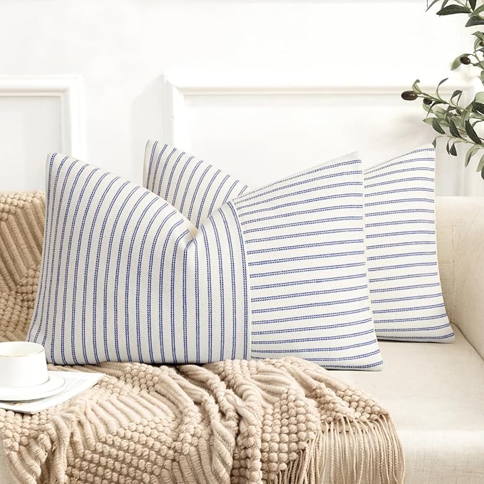 Farmhouse Pillow Covers 12x20, Modern Accent Lumbar Throw Pillow Covers Set of 2, Blue and Beige Striped Patchwork Linen Decorative Pillows Cushion Covers for Couch Chair Bedroom Fall Decorations