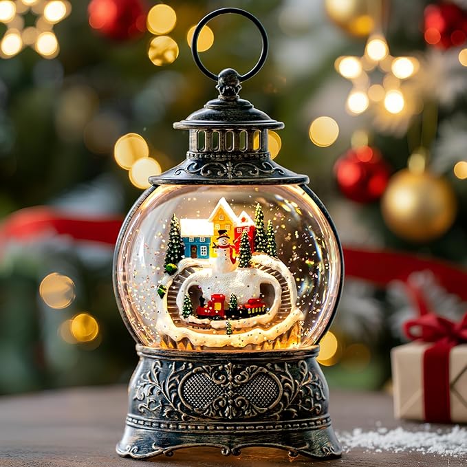 Christmas Village Snow Globe Lantern – LED Musical Swirling Glitter Water Globe, Snowy Village with Train, Battery or USB Powered, Auto Timer – Tabletop Decor & Gift