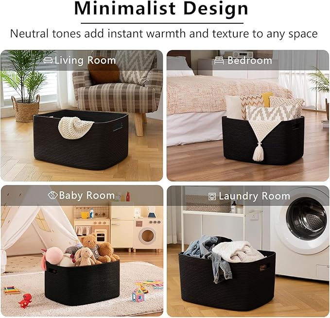 OIAHOMY XXLarge Rectangle Blanket Basket-96L, Cotton Woven Basket for Storage, Dirty Clothes Baskets for Living Room, Nursery, Bedroom, Toy Organizing with Handle, 24" x 16" x 15", Charcoal Black