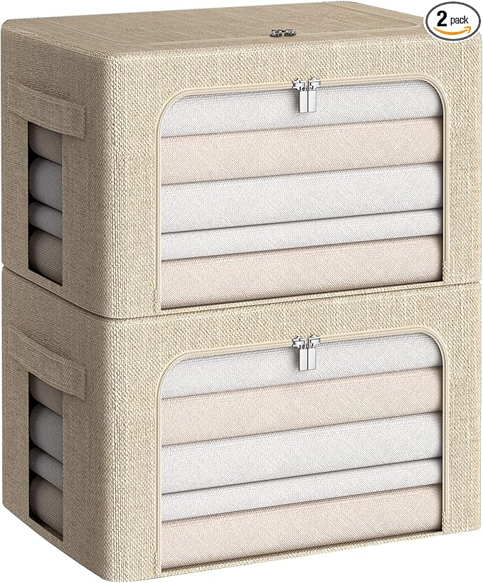 Clothes Storage Bins Box - Linen Fabric Foldable Stackable Container Organizer Set with Clear Window & Carry Handles & Metal Frame for Bedding, Blankets, Books (Beige, Medium-36L)