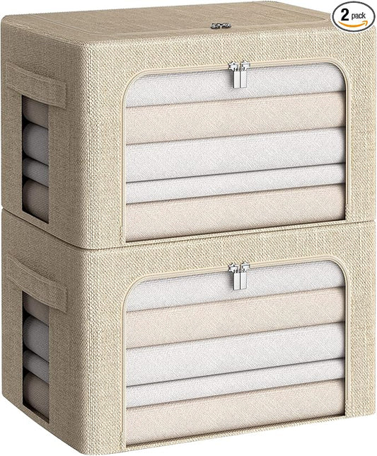 Clothes Storage Bins Box - Linen Fabric Foldable Stackable Container Organizer Set with Clear Window & Carry Handles & Metal Frame for Bedding, Blankets, Books (Beige, Medium-36L)