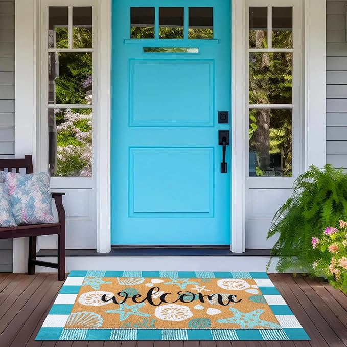 2 Pcs Summer Door Mat Beach Welcome Non Slip Coir Mats Sea Style Starfish Seashells Ocean Buffalo Plaid Floor Layering Doormats Seasonal for Front Porch Entryway Decor(Summer Beach)