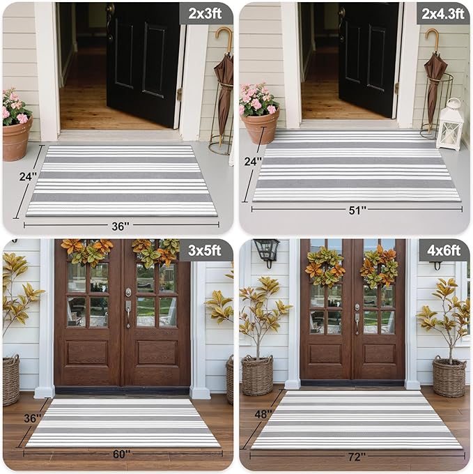 OJIA Fall Front Door Rug 24''x51'' Gray and White Striped Outdoor Rug Machine Washable Porch Rug Halloween Front Door Mat Outdoor Indoor Area Rugs Cotton Woven Entry Mat for Home Entrance/Farmhouse