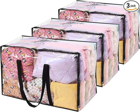 Vieshful 3 Pack Clear Storage Bags 110L Over-Sized Clothes Bags with Double Zippers Sturdy Handles Tote Moving Bags for Duvet, Comforters and Blankets Organizer