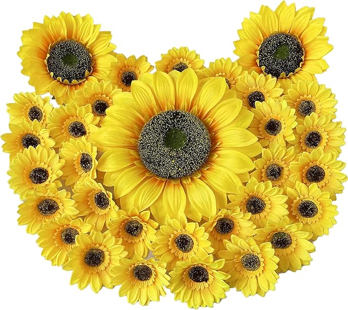 Ukeler 23pcs Artificial Sunflower Heads 10.5'' 7'' 3.5'' Multi-Sized Floral Photography Props Yellow Sunflower Artificial Flowers for Baby Shower Christmas Tree Wedding Birthday Party Decoration