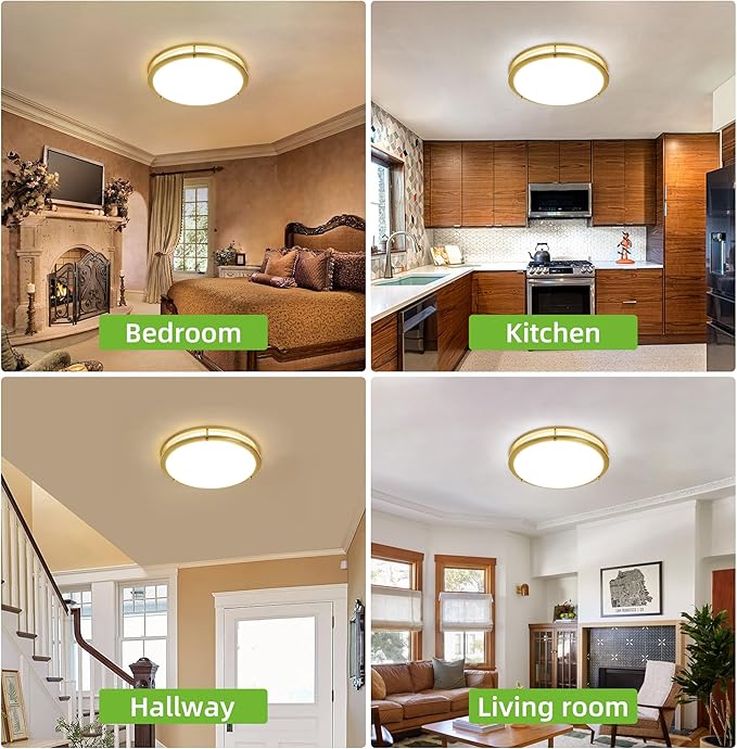 hykolity 16 inch Dimmable LED Flush Mount Ceiling Light Fixture, Gold, 36W, 2200LM, 2.7/3/3.5/4K/5K Adjustbale, 120°Light Angle, CRI90, Ceiling Lamp for Bedroom, Kitchen, Office, ETL Listed