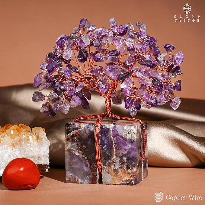 Crystal Tree of Life for Home and Office Decor, Handmade Raw Crystal Base Amethyst Chakra Healing Crystal Tree for Positive Energy, Money, Good Luck, Christmas Décor, Birthday Gifts for Women