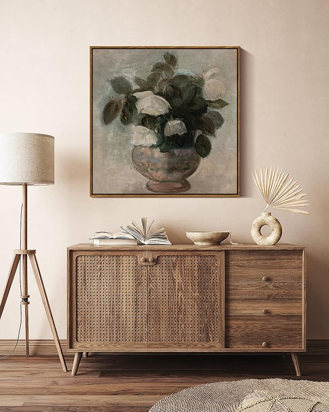 InSimSea Square Framed Canvas Wall Art, Flowers Decor Flowers in Vase Paintings Wall Art, Floral Pictures Wall Decor for Bedroom Bathroom, Kitchen Office Living Room Wall Decoration 24"x24"