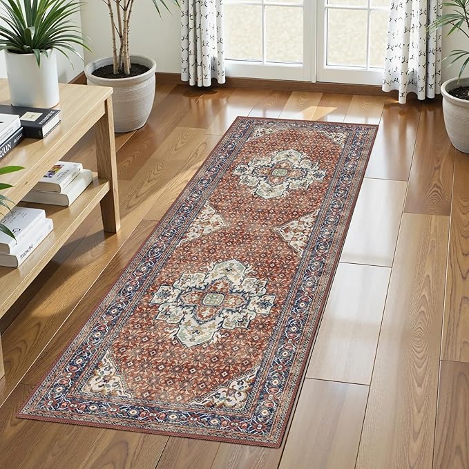 Washable Area Rug 2'6'' x 8' Vintage Traditional Persian Mat - Foldable Distressed Non-Slip Machine Washable Carpet for Living Room Bedroom Kitchen Home Decor - Terracotta and Navy