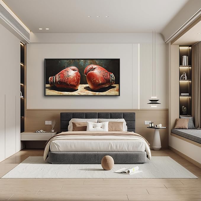 Olivine Sports Wall Art, Boxing Wall Decor, Vintage Boxing Gloves Painting, Graffiti Canvas Prints, Framed Artwork for Bathroom Bedroom Living Room Office Home Decoration 60"x30"