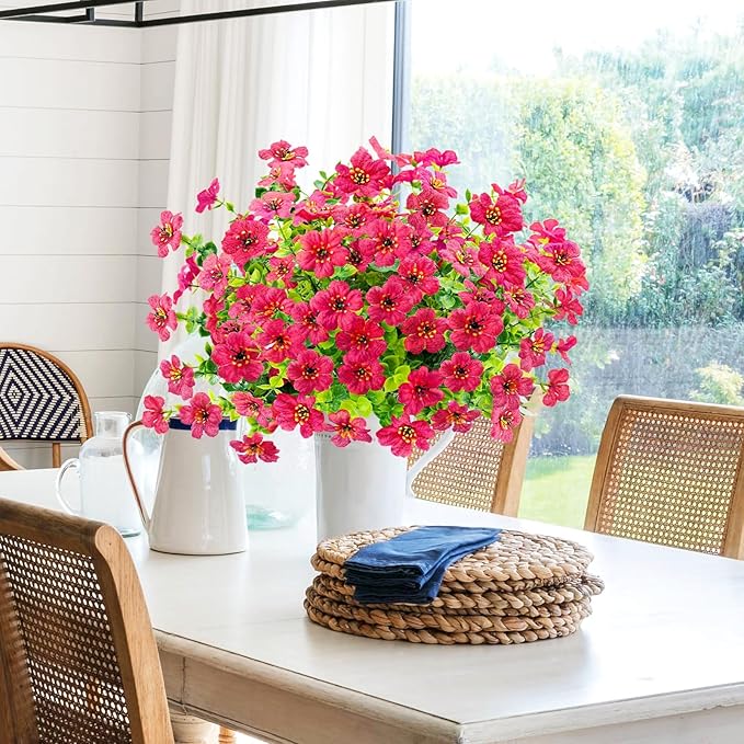 Agusbagli 10 Bundles Artificial Flowers Outdoor UV Resistant Fake Flowers No Fade Faux Plastic Greenery Shrub Plants for Wedding Home Garden Window Box Fireplace Thanksgiving Christmas Decor, Rose Red