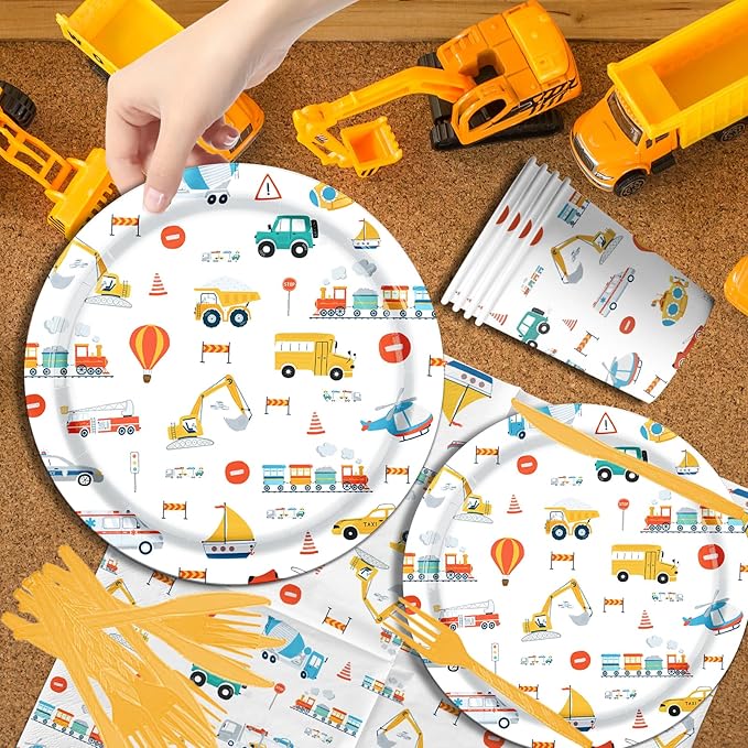 Transportation Birthday Party Supplies,142Pcs Transportation Paper Plates and Napkins Set for Table Decorations Truck Theme Party Decorations for Boy Birthday,Baby Shower Party