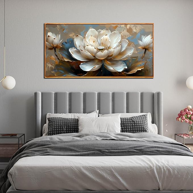 White Lotus Painting Wall Art for Living Room - Gold Flower Wall Decor for Office - Framed Wall Art for Bedroom Size 29" x 59"