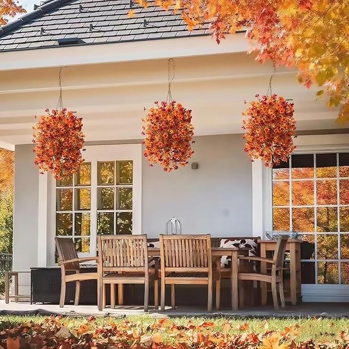 Fall Artificial Hanging Flowers for Outdoor 2 Pcs Fake Hanging Plants Autumn Decor -UV Resistant Artifical Faux Flower Silk Flowers for Indoor Planter Porch Balcony Yard Decor (Orange+Dark Red)