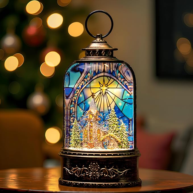 Christmas Snow Globe Lantern Water Glittering Churches & Holy Family with Music& Timer, USB Lined/Battery Operated Lighted Lantern for Christmas Festival Decoration Gifts