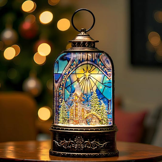 Christmas Snow Globe Lantern Water Glittering Churches & Holy Family with Music& Timer, USB Lined/Battery Operated Lighted Lantern for Christmas Festival Decoration Gifts