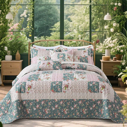 VAPUTAR King Size Quilt Set - Reversible Floral King Size Bedspreads with Wavy Edges - Lightweight Farmhouse King Quilt Bedding Sets for Bed Decorations, 3 Pieces