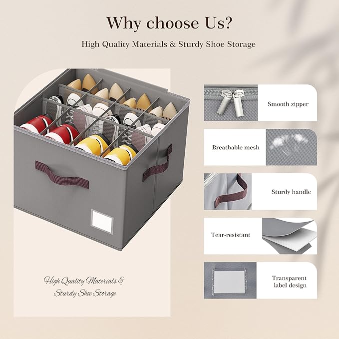 Criusia Shoe Organizer for Closet, 2 Pack Shoe Organizer with Transparent Cover and Sturdy Handles, Closet Shoe Storage for Sneakers Sandals Slippers, Fit 12-16 Pairs, Gray