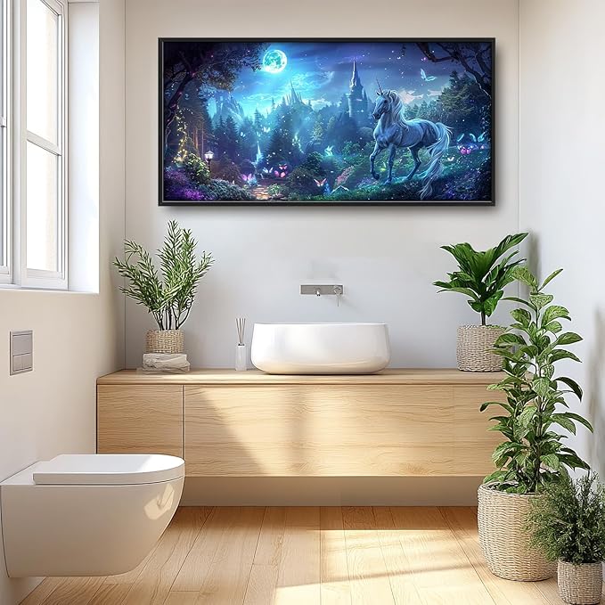 Flintis Large Unicorn Wall Art Unicorn Castle Moon Pictures Wall Decor Abstract Animal Canvas Painting Print Artwork Decoration Framed for Living Room Bathroom Master Bedroom Office 60L x 30W