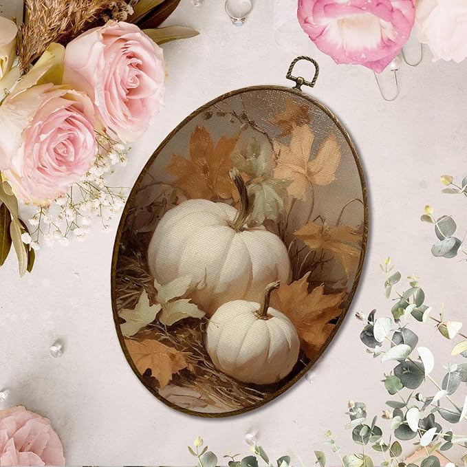 JQF Vintage Fall Pumpkin Oval Wall Art, Farmhouse Autumn Pumpkin Maple Leaf Oval Canvas Wall Art, Retro Rustic Fall Framed Prints Hanging Decor for Home Bedroom Living Room, 8.5x11.5 Inch