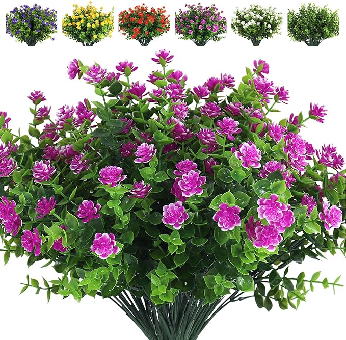 RECUTMS 8 Bundles Artificial Flowers Outdoor UV Resistant Plants Fake Greenery Foliage Shrubs for Indoor Outside Hanging Plants No Fade Faux Plastic Plants Garden Porch Window Box Décor (Fuchsia)