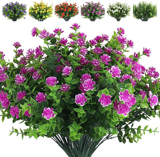 RECUTMS 8 Bundles Artificial Flowers Outdoor UV Resistant Plants Fake Greenery Foliage Shrubs for Indoor Outside Hanging Plants No Fade Faux Plastic Plants Garden Porch Window Box Décor (Fuchsia)