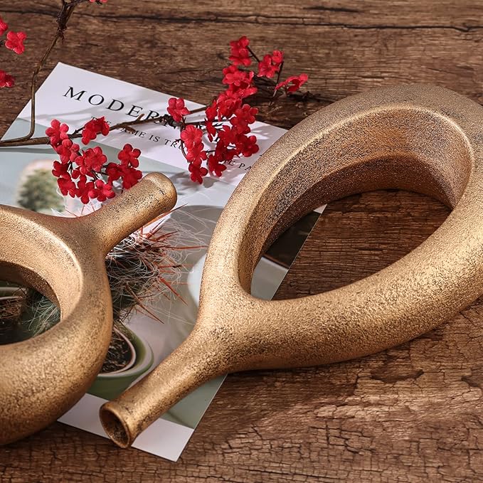 Gold Ceramic Hollow Elliptical Vase Set of 2 - Boho Circle Vase with Hole, for Modern Gold Table Decor, Living Room Decor Shelf mid Century Modern Home Entrance Decorative vase