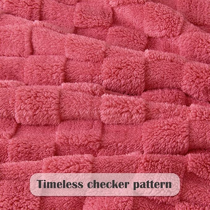 NEWCOSPLAY Super Soft King Blanket Coral Pink Premium Silky Flannel Fleece 3D Checkered Lightweight Bed Blanket All Season Use (Coral Pink Checkered, King(90"x110"))