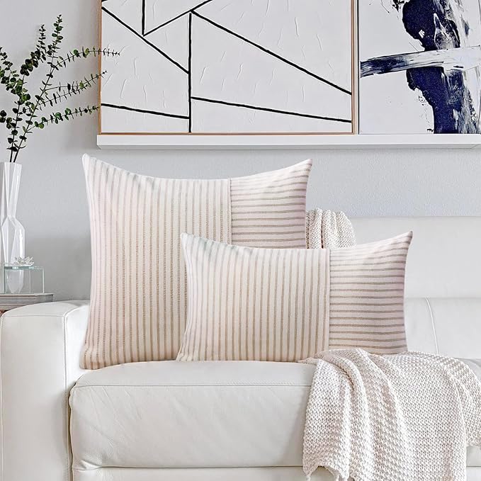 YCOLL Farmhouse Pillow Covers 12x20, Modern Accent Lumbar Throw Pillow Covers Set of 2, Khaki Striped Patchwork Linen Decorative Pillows Cushion Covers for Couch Chair Bedroom Fall Decorations