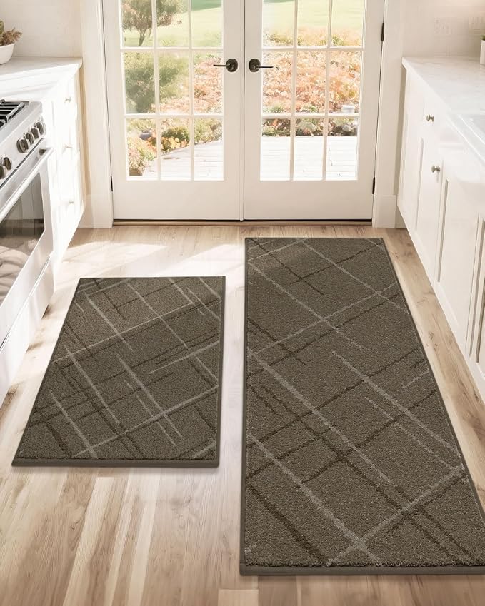 COSY HOMEER Kitchen Mats, 2 PCS Kitchen Rug Non Slip Washable, Absorbent Runner Rugs for Kitchen Floor, Polyester Kitchen Sink Rug 24"x36" + 24"x60"(Brown)
