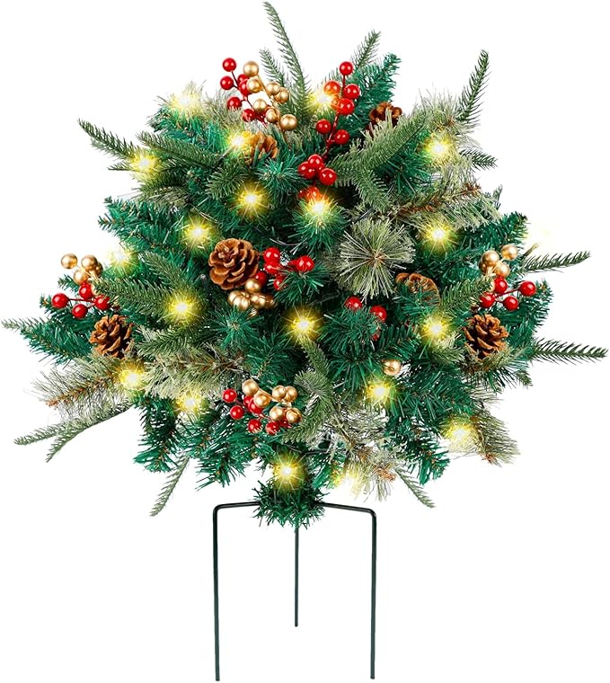 Glintoper Lighted Artificial Christmas Urn Filler, Pre-lit Xmas Pine Trees with Cones, Golden & Red Berries, Tripod Stake and 60 LED Lights, Outdoor Light Up Planter Filler Holiday Home Decor, 1 Pack