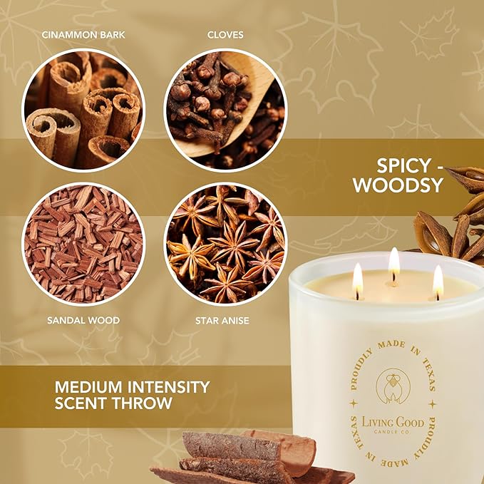 Fall Fresh Cinnamon Bark Essential Oil - Warm & Spicy Pure Beeswax Candle - 90+ Hours Long Burning - Non-Toxic Scented Candles for Autum Home Decor & Aromatherapy for Anxiety Relief - Natural - 15 OZ