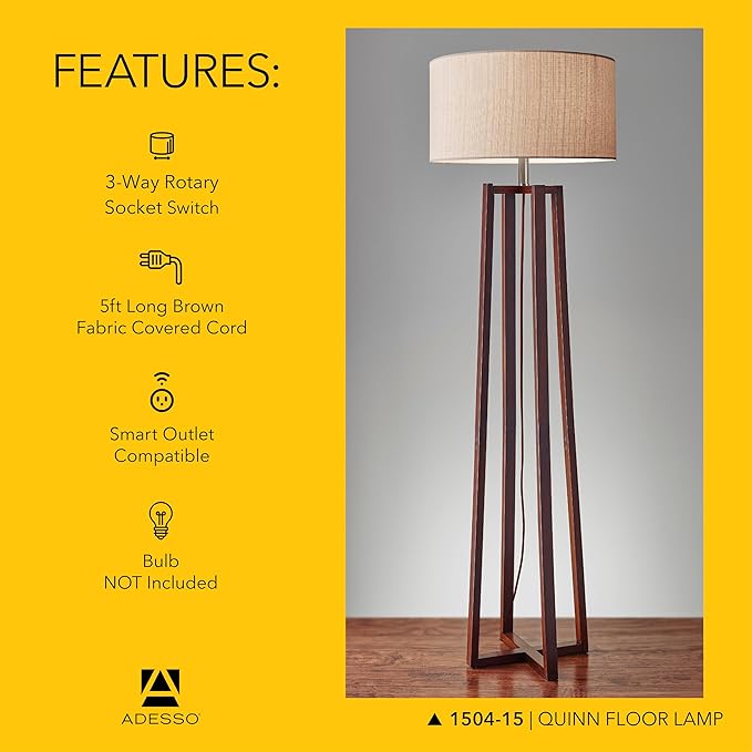 Adesso Floor Lamp with Walnut Birch Wood & Natural Linen Lampshade - 3-Way Adjustable Brightness, Lamp for Bedroom, Living Room, and House Décor, 60” x 19”