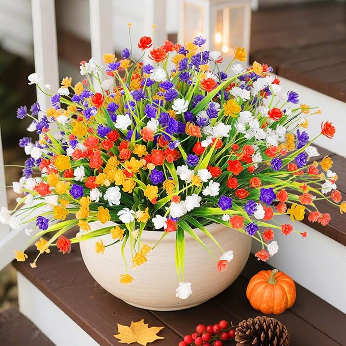 TURNMEON 20 Bundles Artificial Flowers for Outdoors Fake Plants Gardens Home Fall Decor, UV Resistant Artificial Plants Fake Flowers Faux Plastic Greenery Shrub Porch Patio Indoor Decorations 580 Head