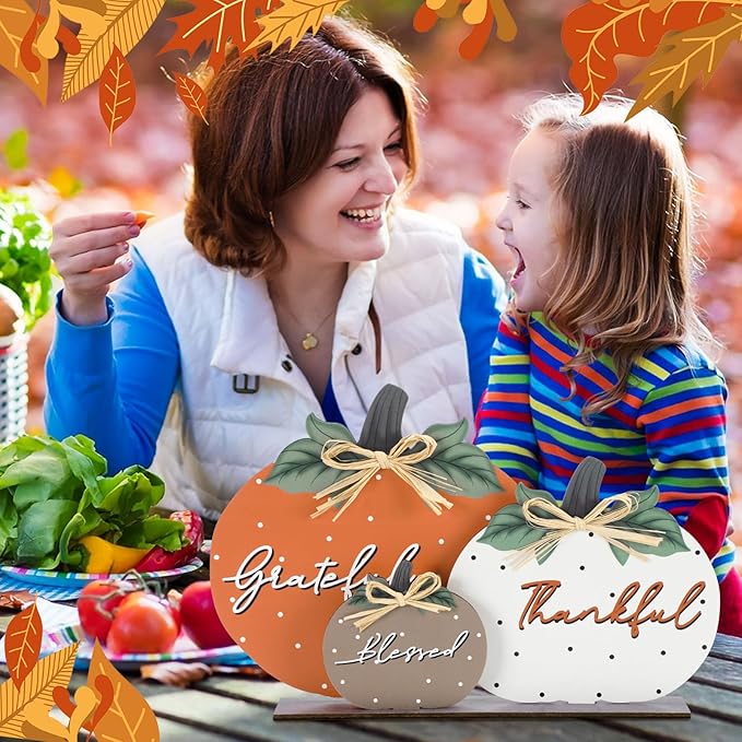 Soaoo Fall Pumpkin Table Decorations Wooden Thankful Blessed Centerpiece Autumn Grateful Tabletop Decor Farmhouse Harvest Pumpkin Block Signs for Party Rustic Table Shelf Decor Home(Vintage)