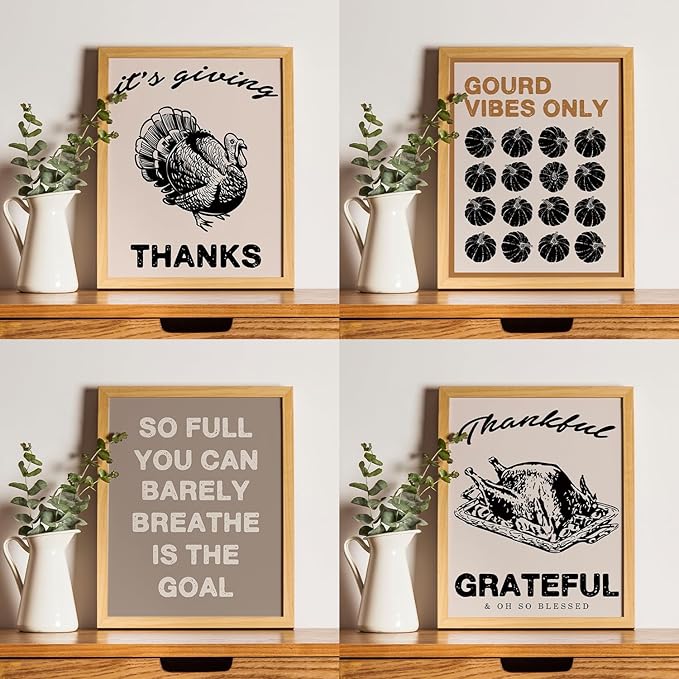 JXREQ Fall Decor Thankful Grateful Vintage Turkey Posters Pumpkin Wall Decor, Gourd Vibes Only Fall Art Prints for Harvest Thanksgiving Kitchen Bedroom Living Room Set of 4, 8x10 Inch Unframed