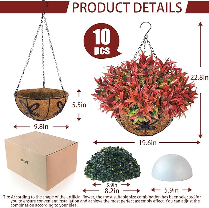 Uieke 2PCS Artificial Hanging Flowers for Outdoors with Hanging Basket, 22.8" 10pcs UV Resistant Fall Faux Flowers, Fake Hanging Plants for Autumn Garden Porch Patio Balcony Decoration