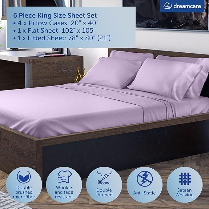 DREAMCARE King Size Sheets Set – 6 pcs Cooling Bed Sheets – up to 21” Deep Pocket King Sheet Set – 2500 Supreme Collection – Extra Soft 100% Brushed Microfiber Hotel Luxury with Side Pocket – Lavender