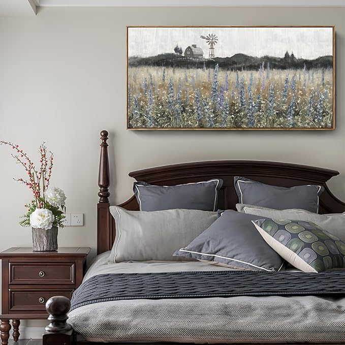 Framed Canvas Wall Art for Living Room Rustic Farmhouse Scenery Vintage Countryside Windmill Barn Picture Nature Wilderness Landscape Wildflower Field Meadow Print Painting Retro Artwork 48"W x 24"H