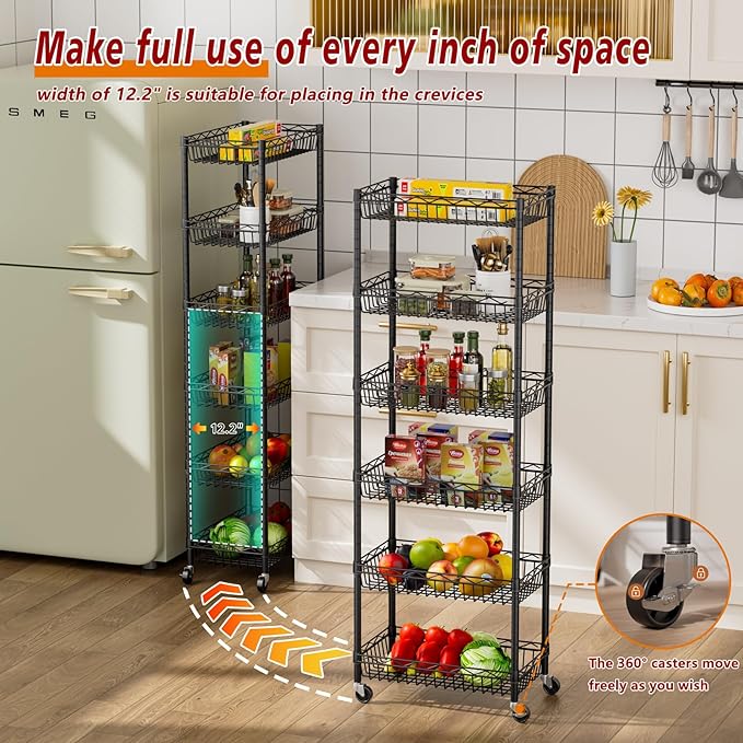 6 Tier Basket Shelf Wire Shelving Unit Adjustable Storage Shelves Big Basket Rack for Garage Kitchen Office Pantry Corner 17.2" Dx12.2 Wx63 H Black